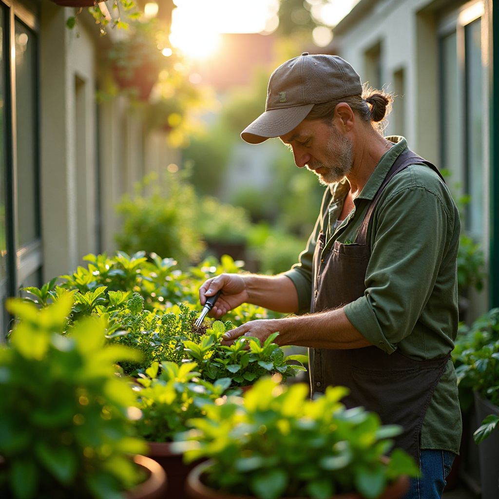 Urban gardener caring for plants